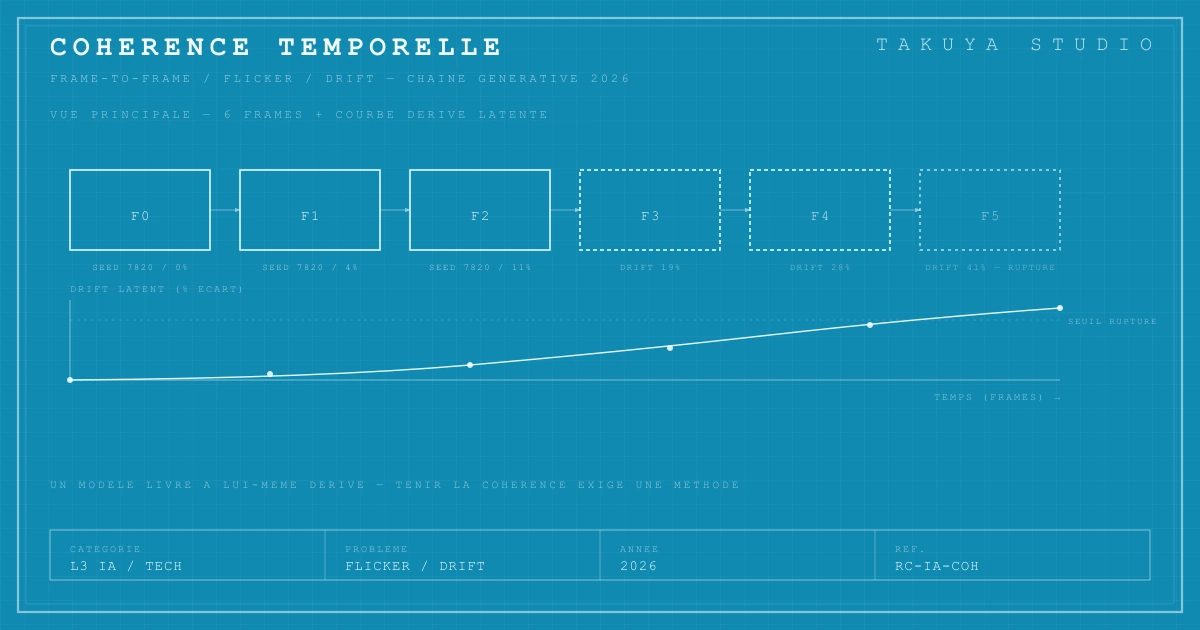 Pipeline frame-to-frame d'un modèle vidéo génératif et courbe de dérive latente sur six frames consécutives