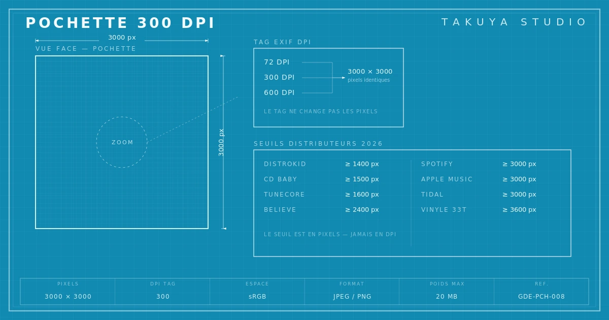 Sch&eacute;ma technique pochette 300 DPI &mdash; tag EXIF vs pixels r&eacute;els, seuils des distributeurs 2026