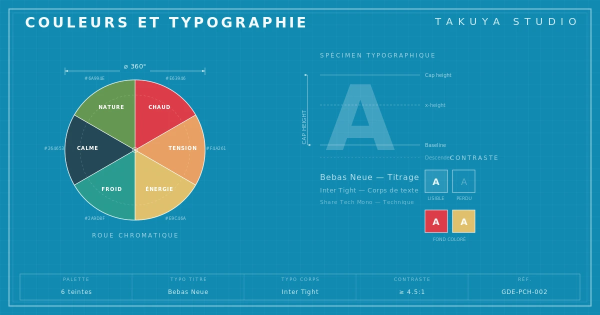 Sch&eacute;ma technique couleurs et typographie pour pochette d'album &mdash; roue chromatique, sp&eacute;cimen typo