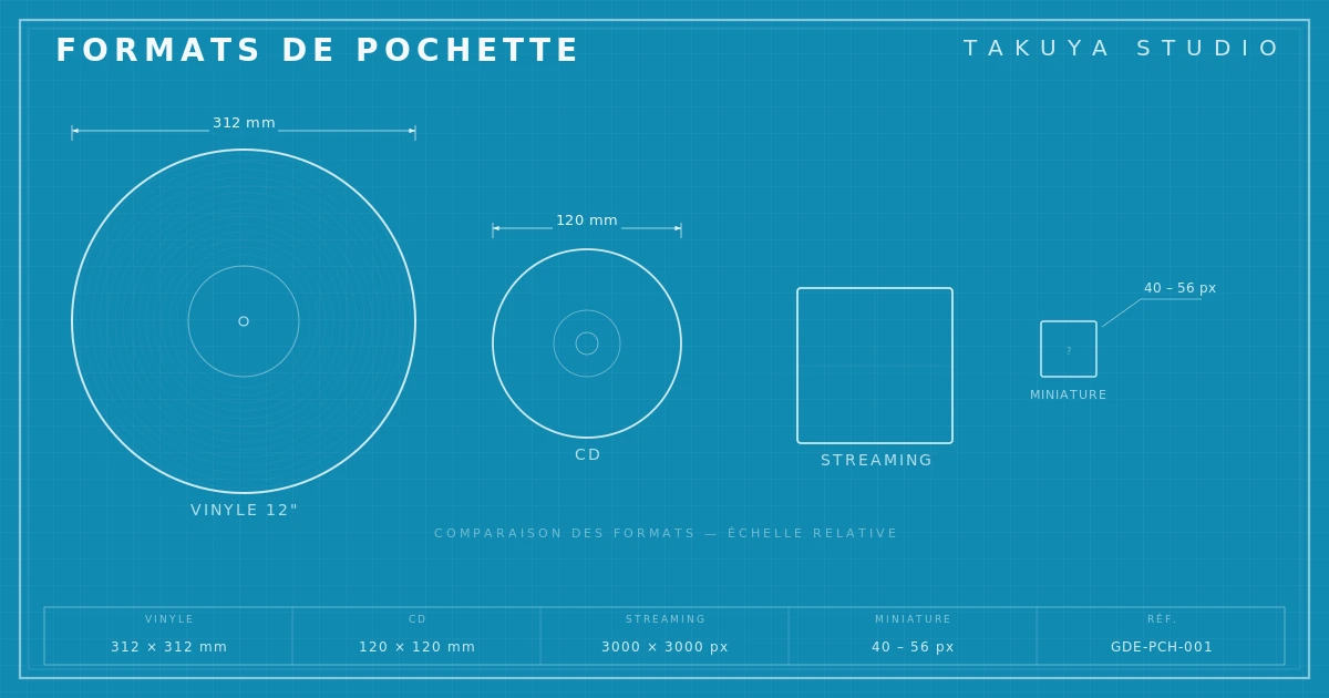 Sch&eacute;ma technique des formats de pochette &mdash; vinyle, CD, streaming, miniature &mdash; Takuya Studio
